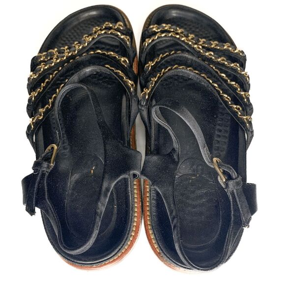 Chanel Interlocking CC Satin Chain Flat Dad Sandals EU 38.5 US 7.5-8 Black Gold - Picture 5 of 12